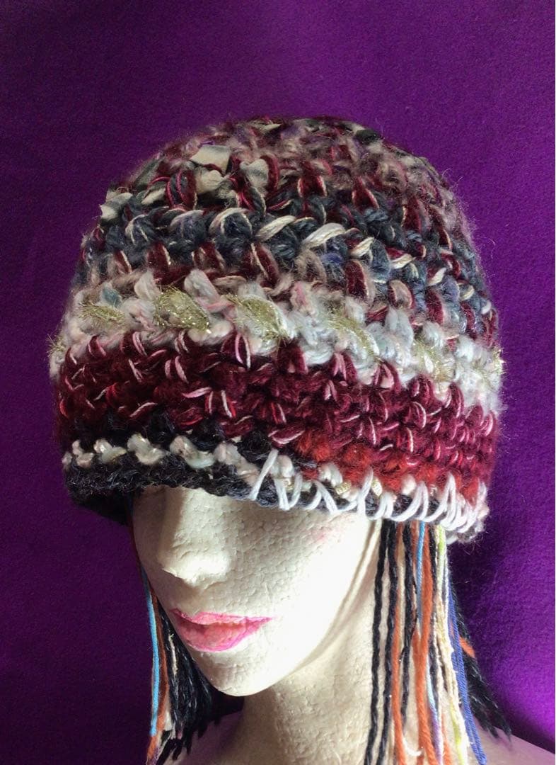 手作りニット帽ビーニー　　シルクリボン　アルパカ混　ボルドー　グレー