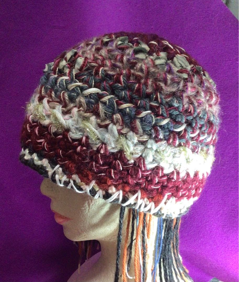 手作りニット帽ビーニー　　シルクリボン　アルパカ混　ボルドー　グレー