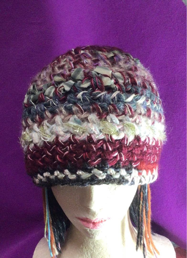 手作りニット帽ビーニー　　シルクリボン　アルパカ混　ボルドー　グレー