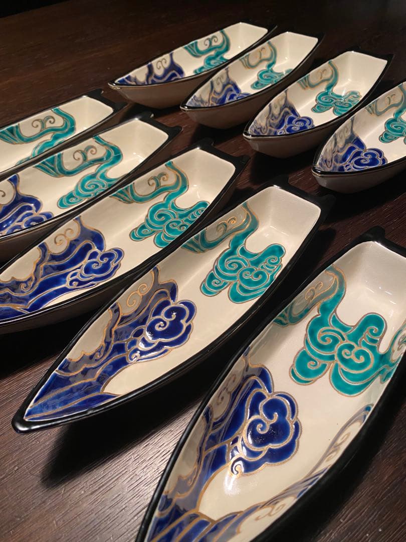 清水焼向付　仁清流水舟形向付10 客　新品未使用　京焼