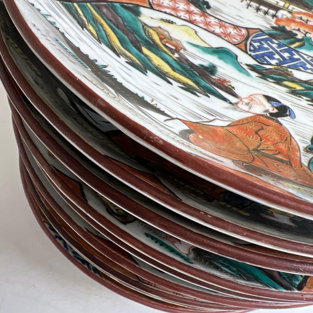 名工　九谷庄三　青九谷山水人物画八寸皿10枚　直径約24㎝　東Y8-0312⑥