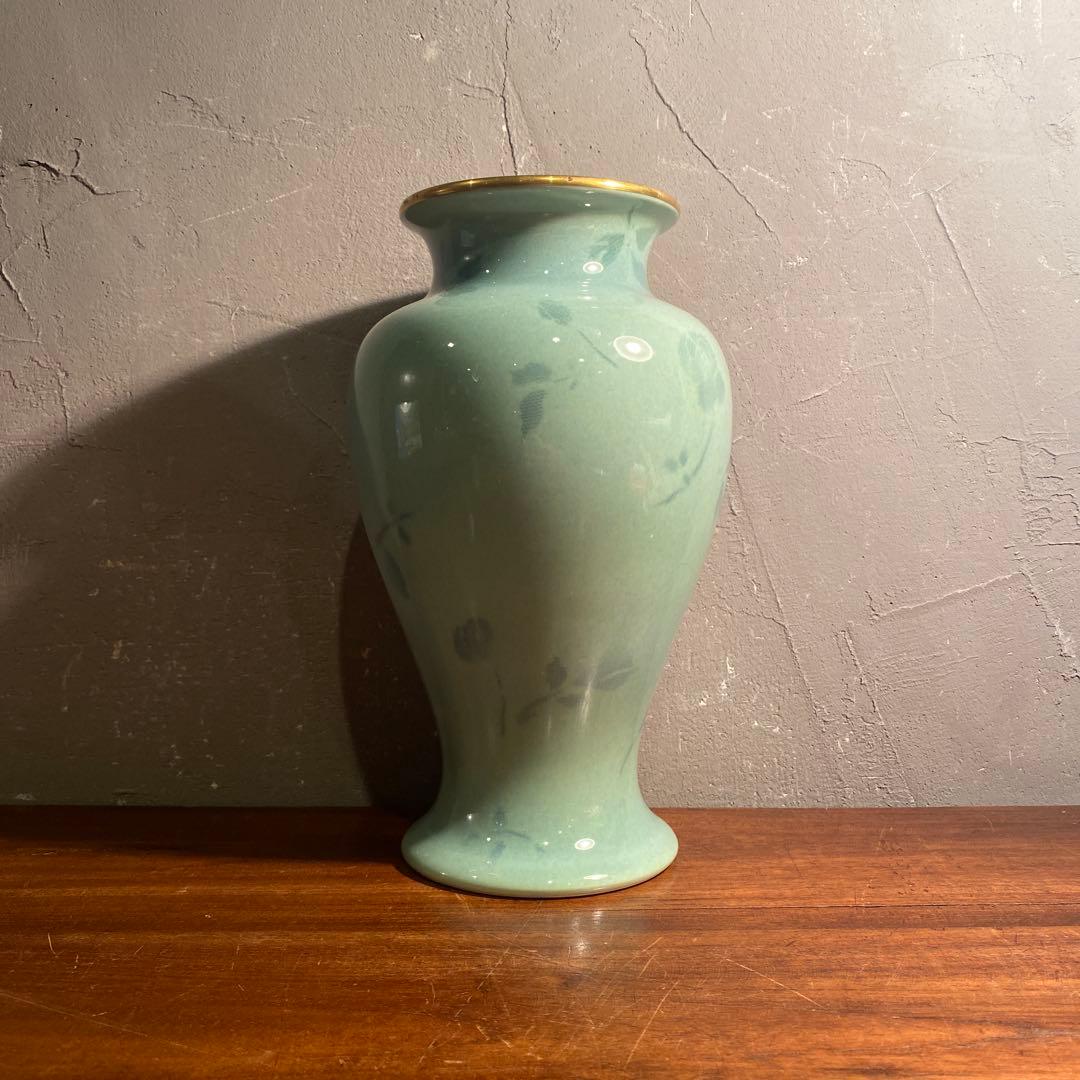 有田焼 深川製磁 彩色磁絵 ローズ 祭型洋花生 花瓶 金彩 花器 共箱