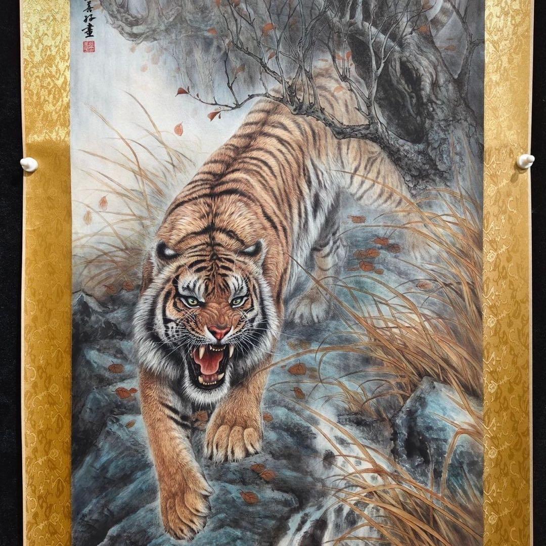 张善孖 虎啸生风 中国画 掛け軸 水墨画 和室 玄関 茶室 壁掛け 美術品