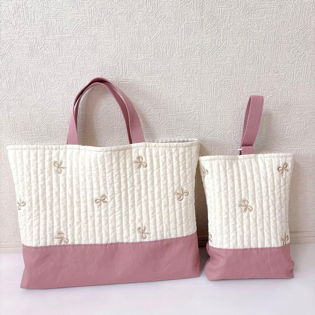 レッスンバッグ 上履き入れ　ヌビ　リボン刺繍