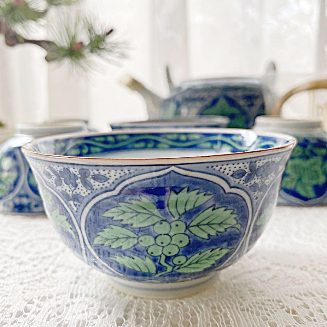 前畑陶器　庫山釡　青華緑彩　色絵染付　土瓶　湯呑み茶碗　5客