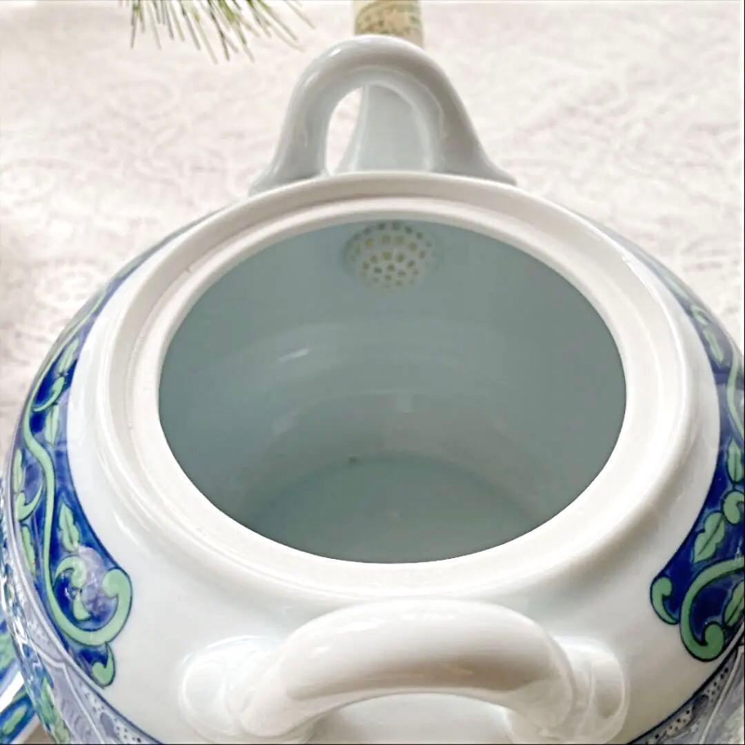 前畑陶器　庫山釡　青華緑彩　色絵染付　土瓶　湯呑み茶碗　5客