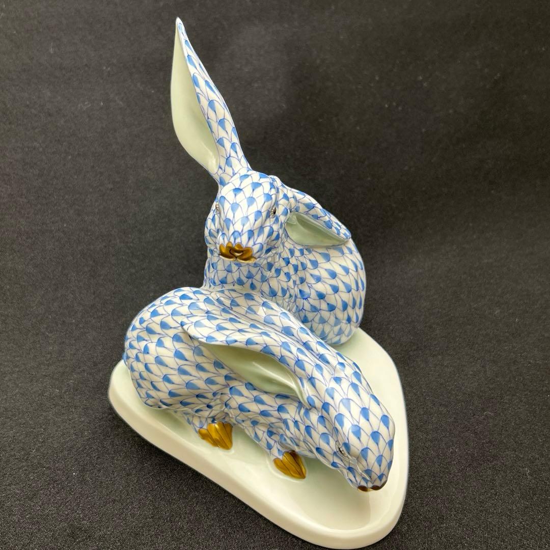 ヘレンド　置物　２匹のうさぎ　ブルー　フィギュリン　大きめ