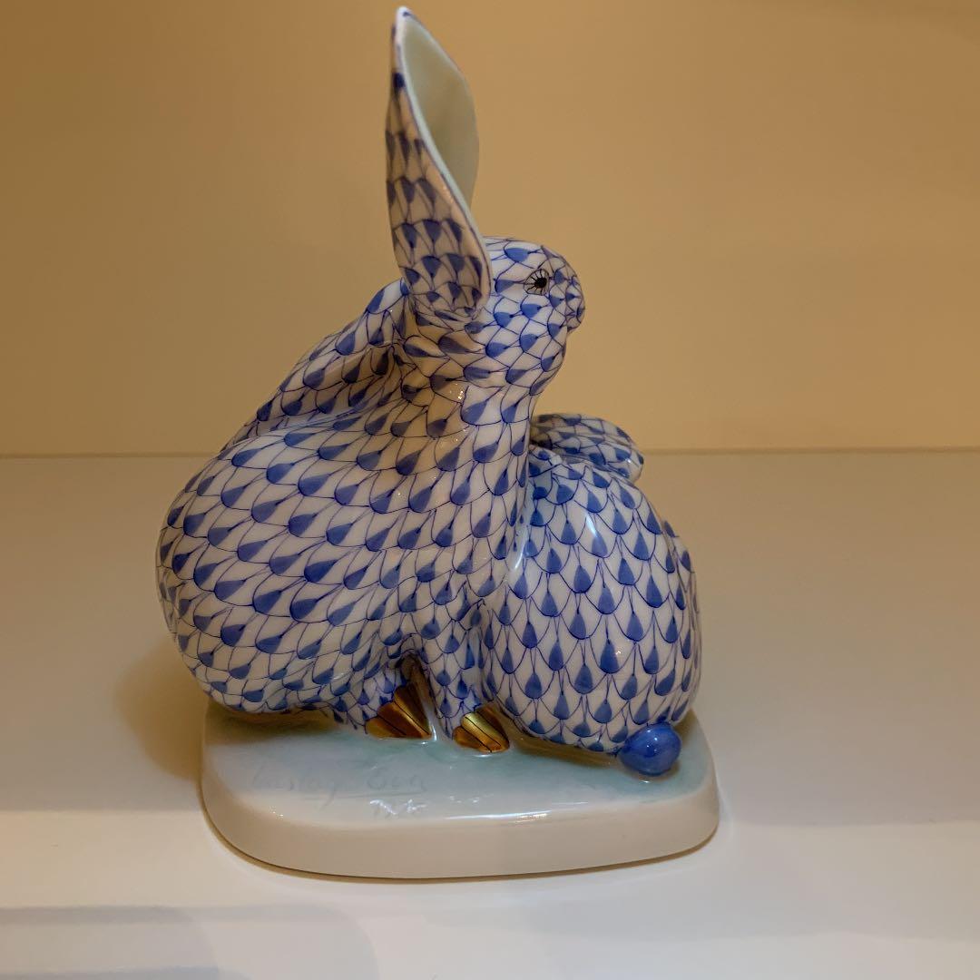 ヘレンド　置物　２匹のうさぎ　ブルー　フィギュリン　大きめ
