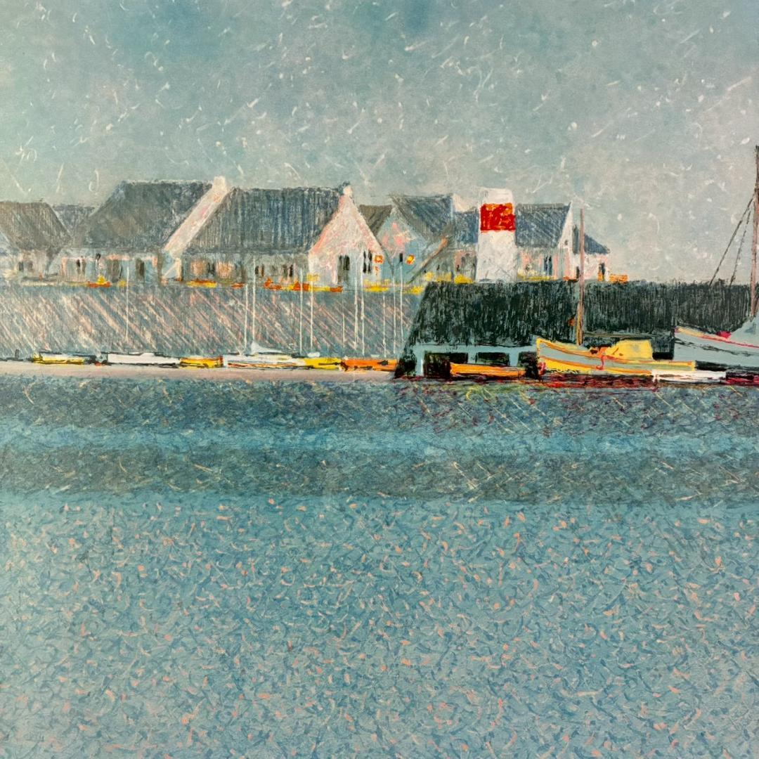 美品 アンドレ・ブーリエ「青いマリーナ」リトグラフ 直筆サイン入 額縁入り