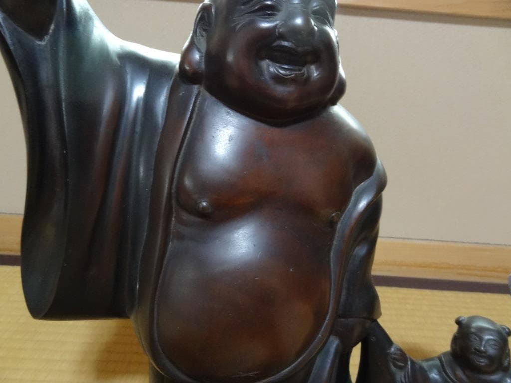 青銅製　布袋様　子連れ布袋置物　七福神 縁起物　オブジェ　重量約9.8㎏