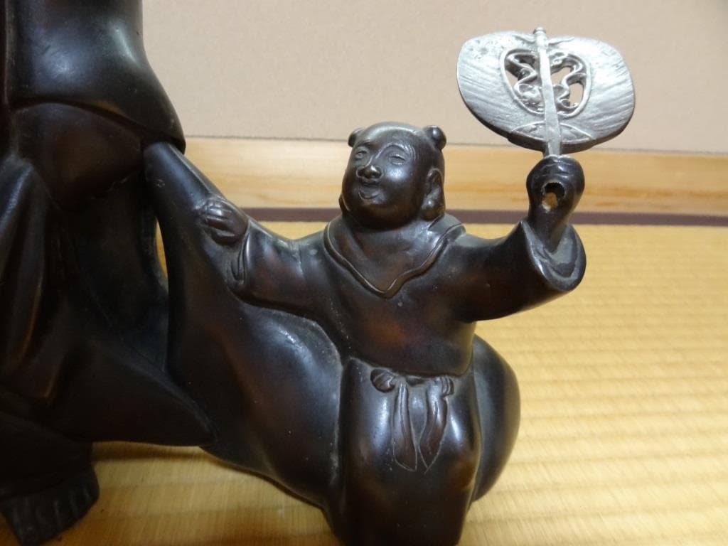 青銅製　布袋様　子連れ布袋置物　七福神 縁起物　オブジェ　重量約9.8㎏