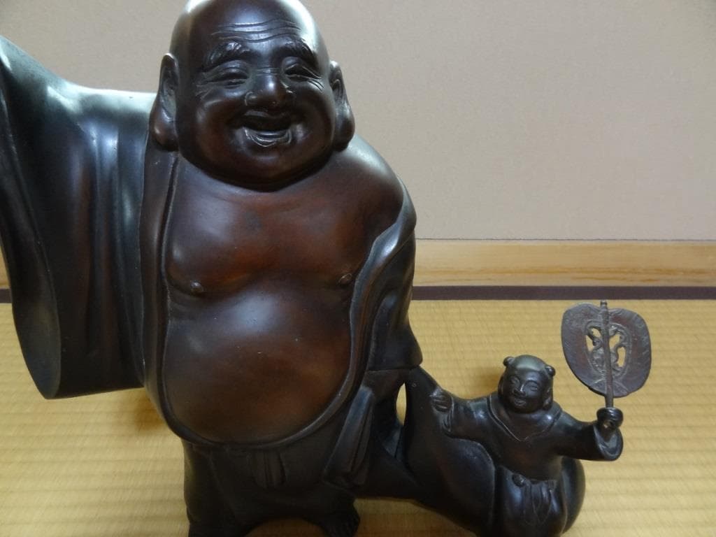 青銅製　布袋様　子連れ布袋置物　七福神 縁起物　オブジェ　重量約9.8㎏