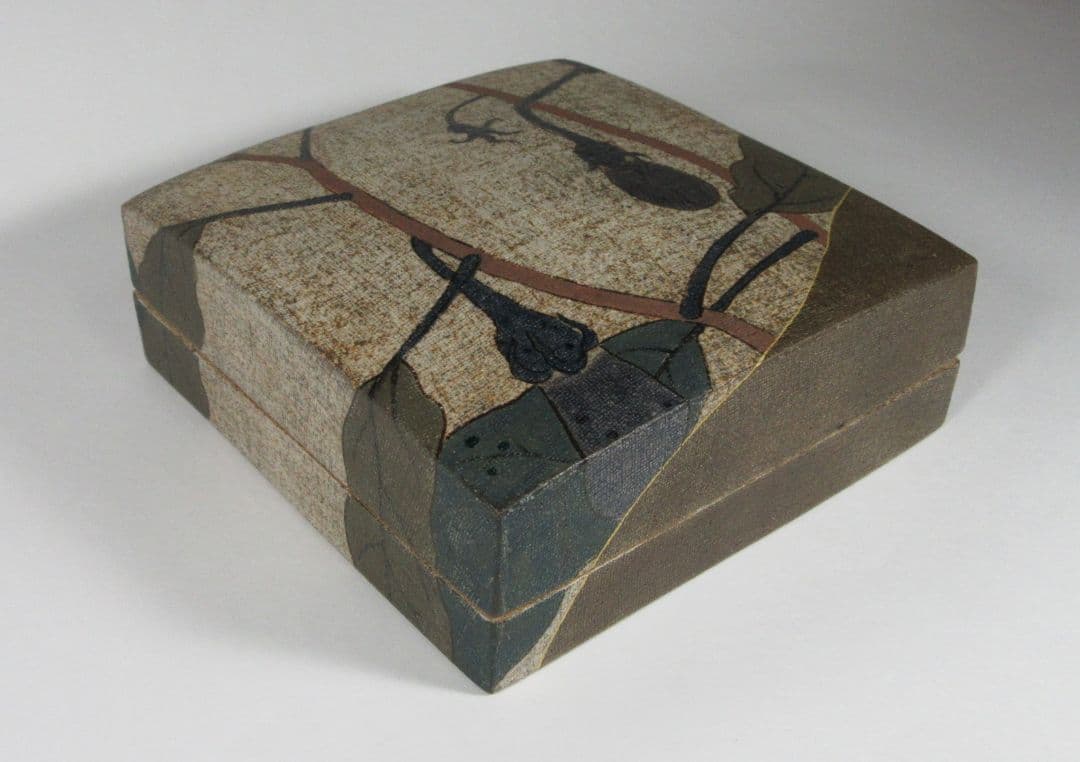 希少！上位作！【伊藤東彦】布目茄子文陶箱（共箱、共布、栞コピー）。本物保証！。