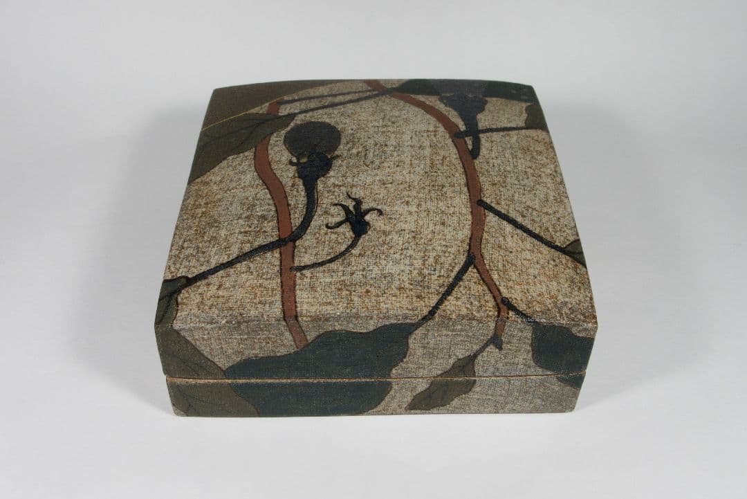 希少！上位作！【伊藤東彦】布目茄子文陶箱（共箱、共布、栞コピー）。本物保証！。