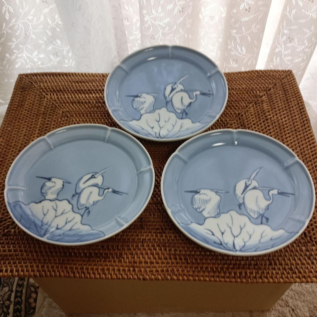 青色 鶴の絵柄 浅皿 3枚セット　有田焼