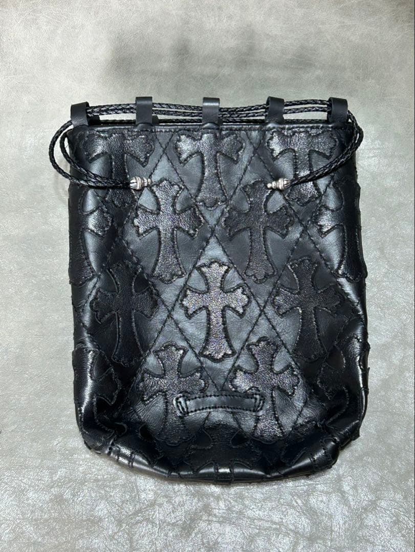 レザー巾着　総柄クロス