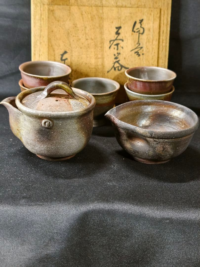煎茶道具 備前焼窯変宝瓶急須 湯冷まし 湯呑み 共箱 東山作 火襷 胡麻 未使用