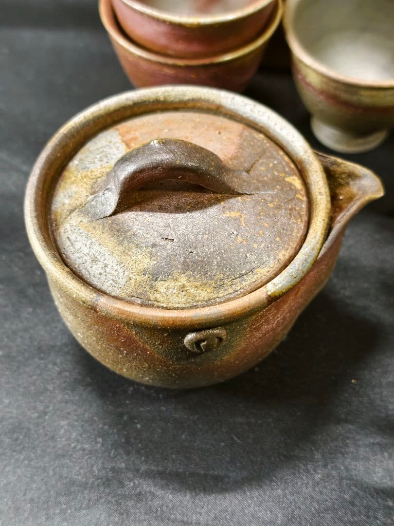 煎茶道具 備前焼窯変宝瓶急須 湯冷まし 湯呑み 共箱 東山作 火襷 胡麻 未使用