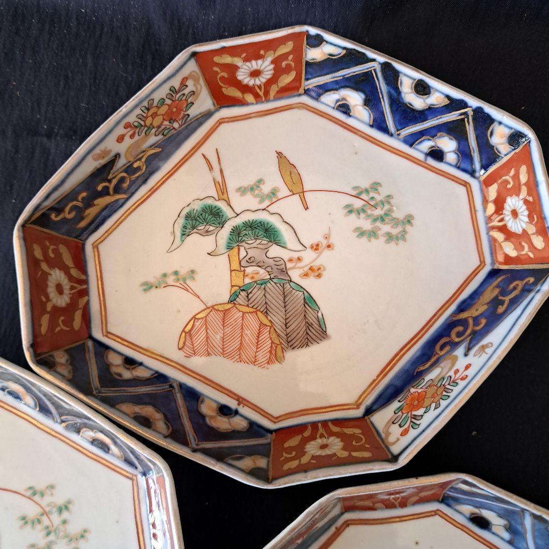 「ポツンと1羽の鳥 八角皿(幅17cm)！」 古伊万里金彩皿 3客セット 骨董ア