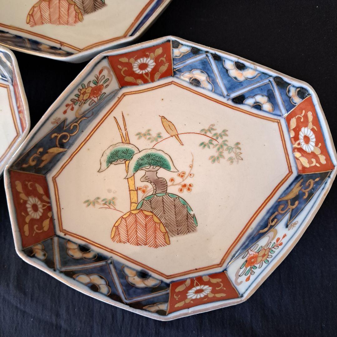 「ポツンと1羽の鳥 八角皿(幅17cm)！」 古伊万里金彩皿 3客セット 骨董ア