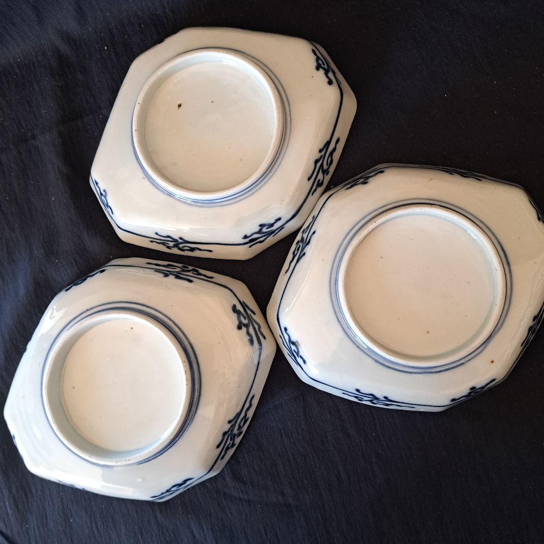 「ポツンと1羽の鳥 八角皿(幅17cm)！」 古伊万里金彩皿 3客セット 骨董ア