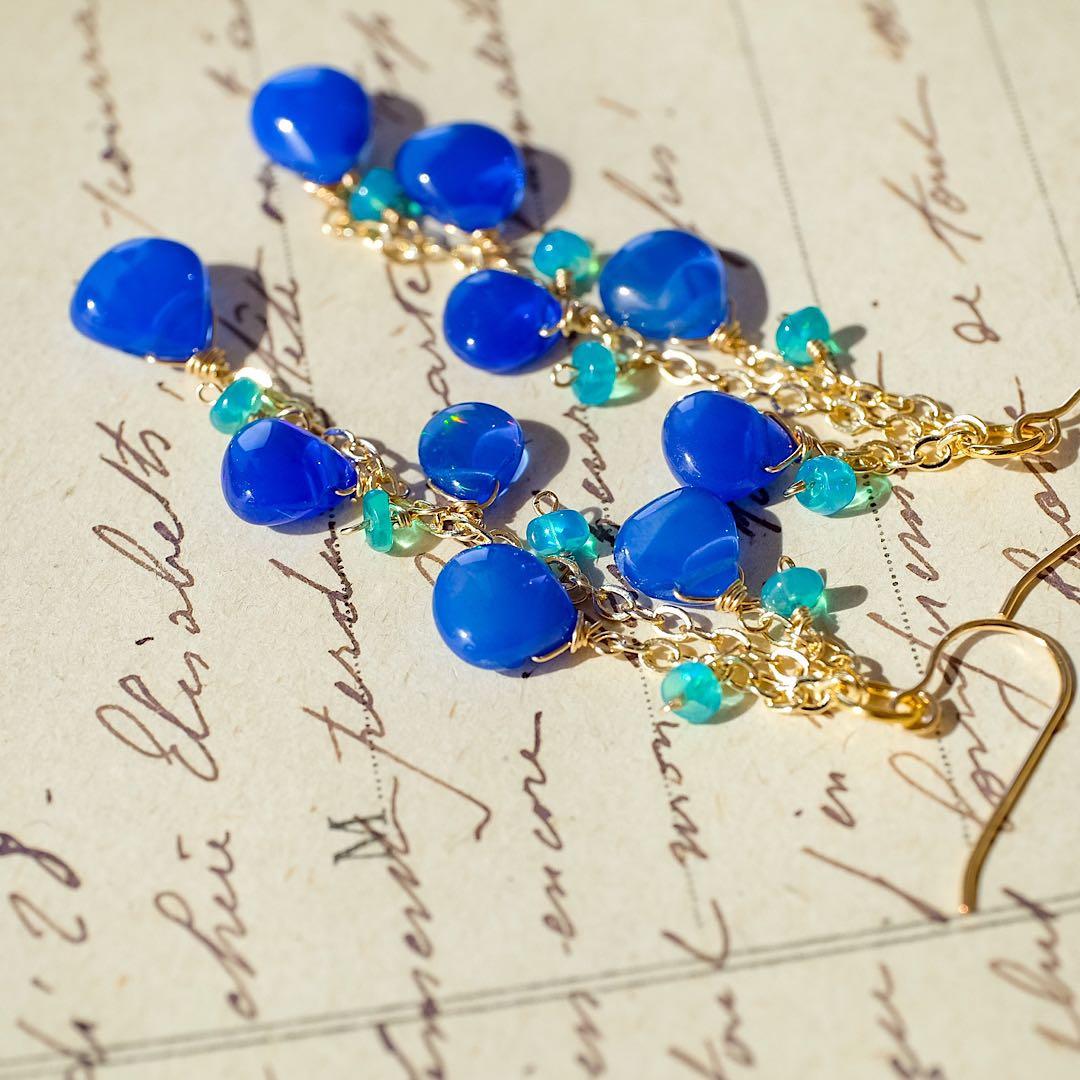 14kgfブルーカラーオパールマロンカットピアスイヤリング