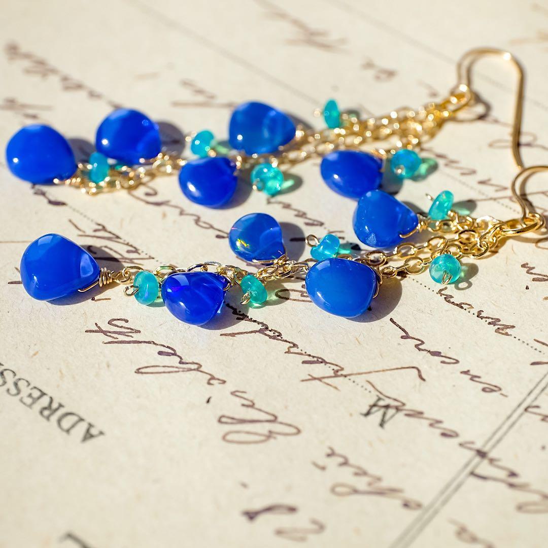 14kgfブルーカラーオパールマロンカットピアスイヤリング