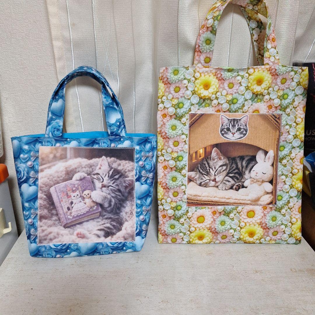 激レアねこパネル生地　ハンドメイド　ミニバック　まちなしバッグ　フラットポーチ