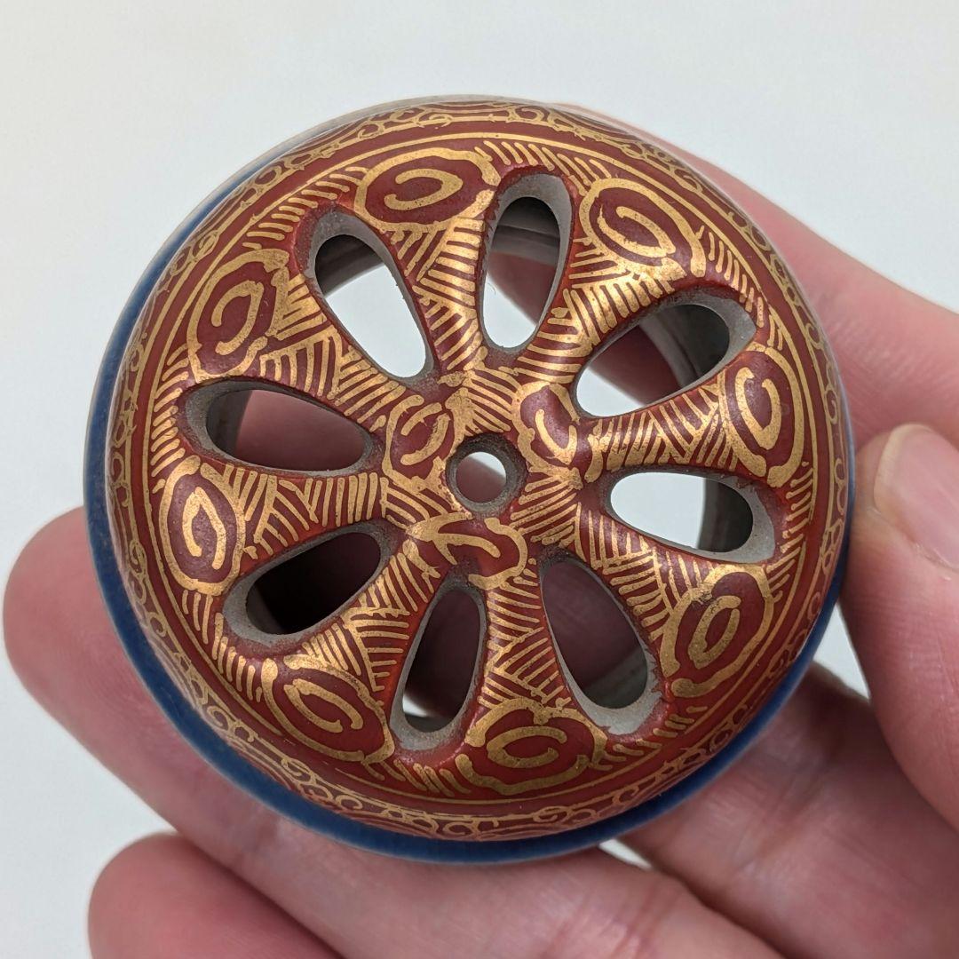 九谷焼 赤絵三足香炉 合箱合布 香爐 花鳥人物絵 金襴手 九谷庄三 抹茶道具