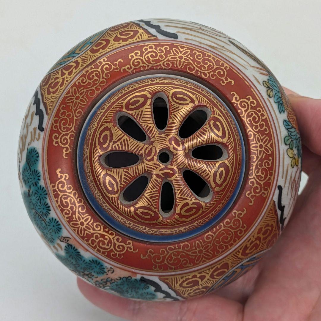 九谷焼 赤絵三足香炉 合箱合布 香爐 花鳥人物絵 金襴手 九谷庄三 抹茶道具