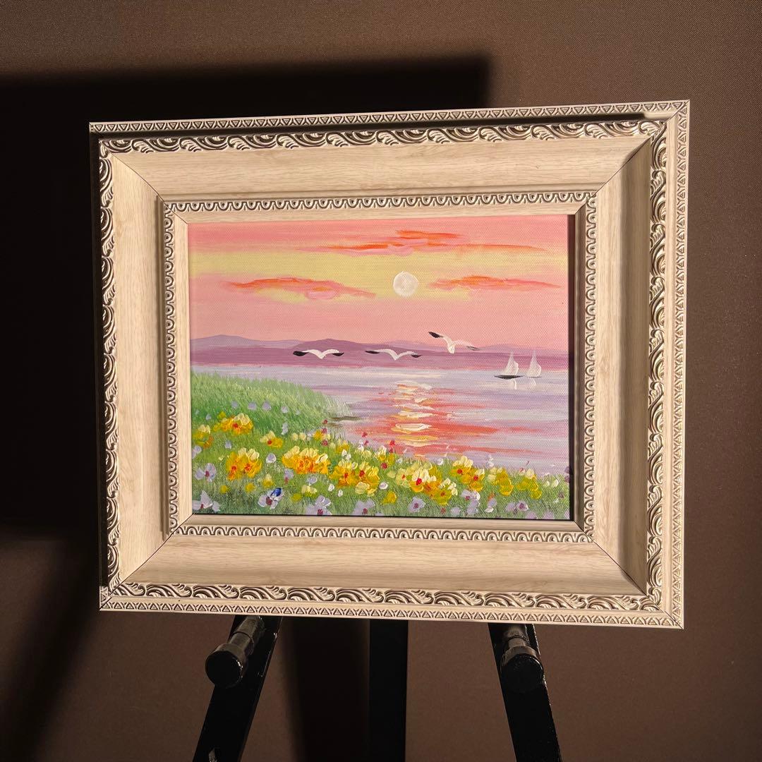 手書き油絵 湖と渡り鳥 額付 絵画 インテリア 油彩画