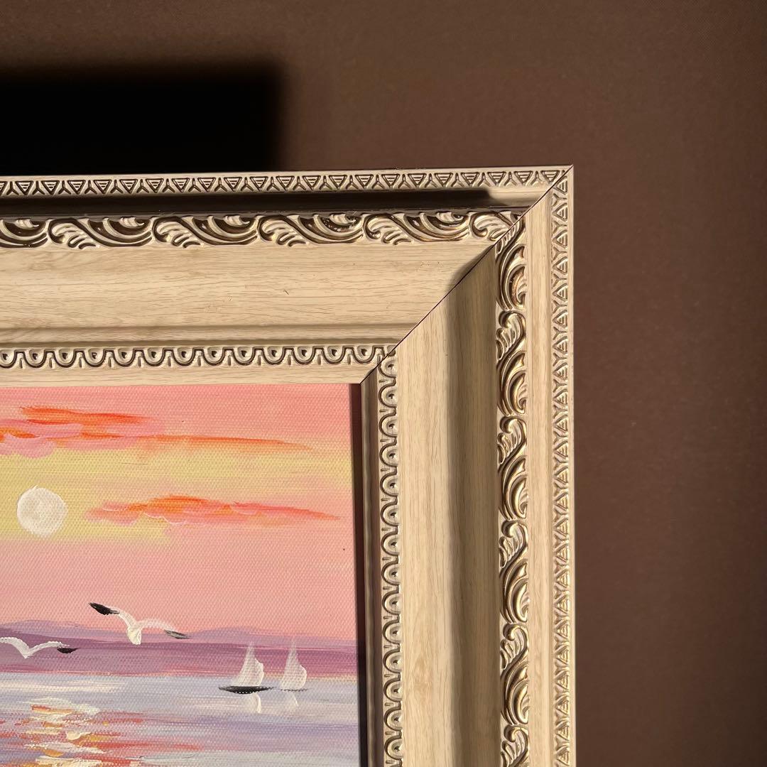 手書き油絵 湖と渡り鳥 額付 絵画 インテリア 油彩画