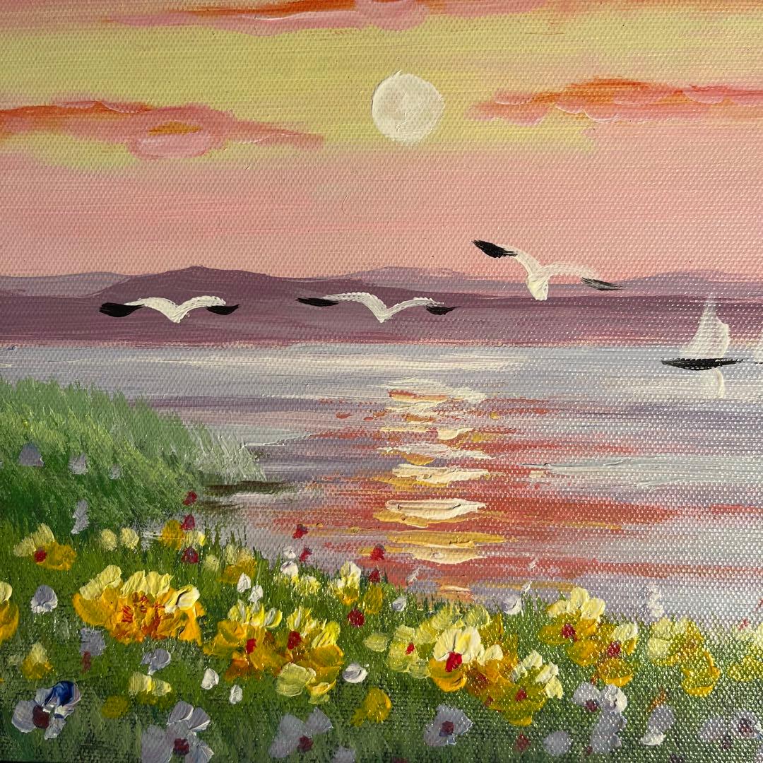 手書き油絵 湖と渡り鳥 額付 絵画 インテリア 油彩画