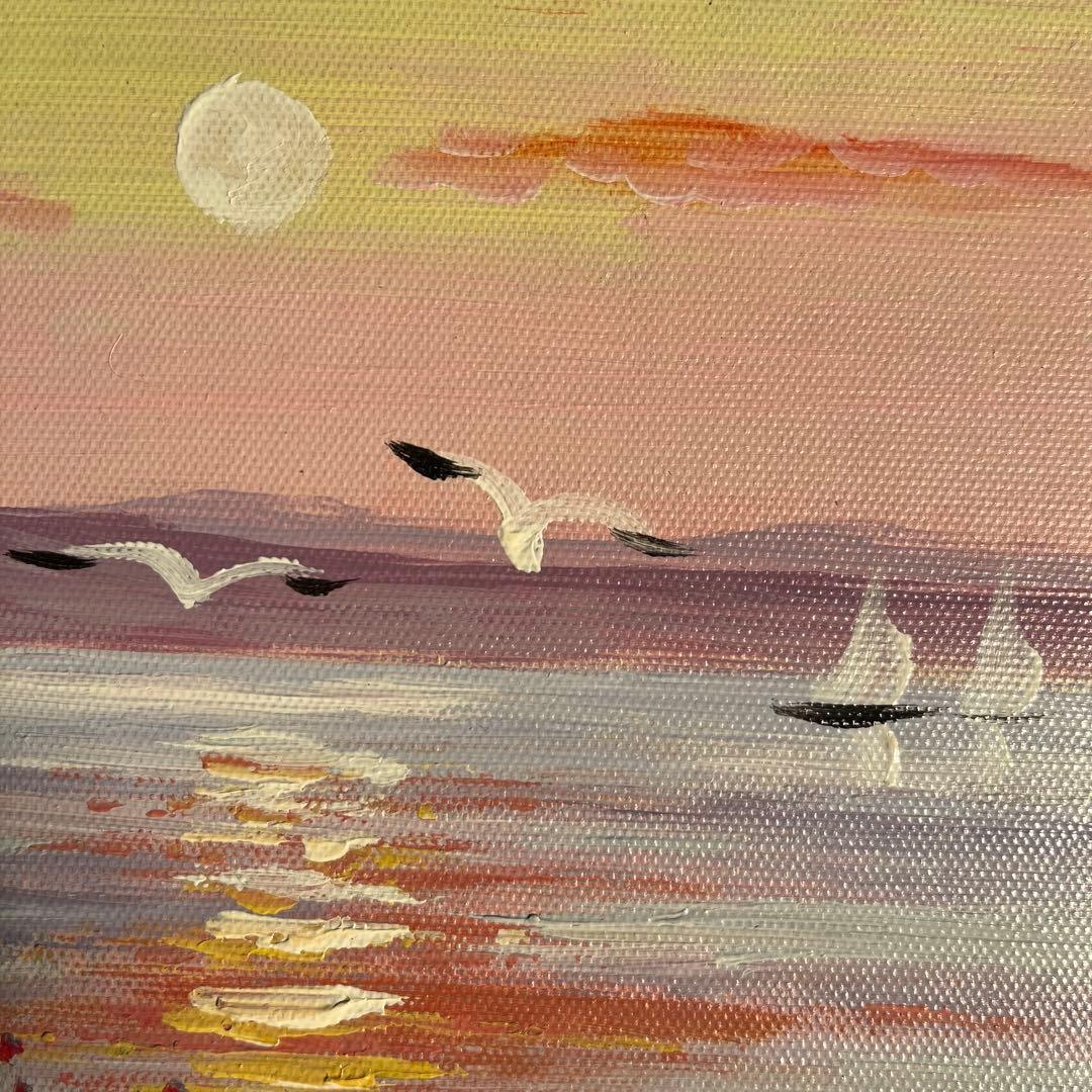 手書き油絵 湖と渡り鳥 額付 絵画 インテリア 油彩画