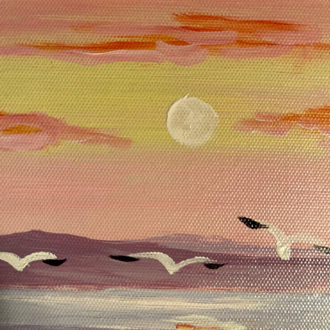 手書き油絵 湖と渡り鳥 額付 絵画 インテリア 油彩画