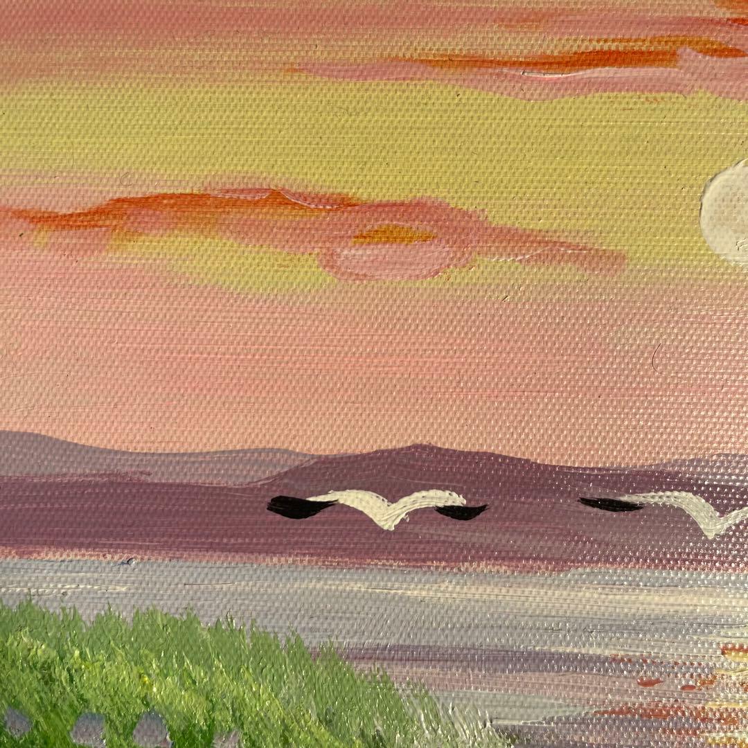 手書き油絵 湖と渡り鳥 額付 絵画 インテリア 油彩画