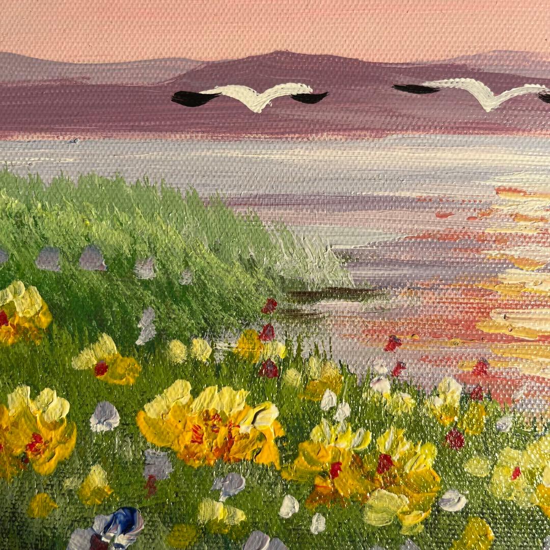 手書き油絵 湖と渡り鳥 額付 絵画 インテリア 油彩画