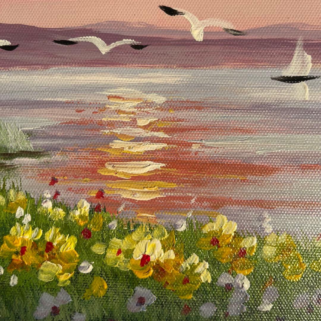 手書き油絵 湖と渡り鳥 額付 絵画 インテリア 油彩画