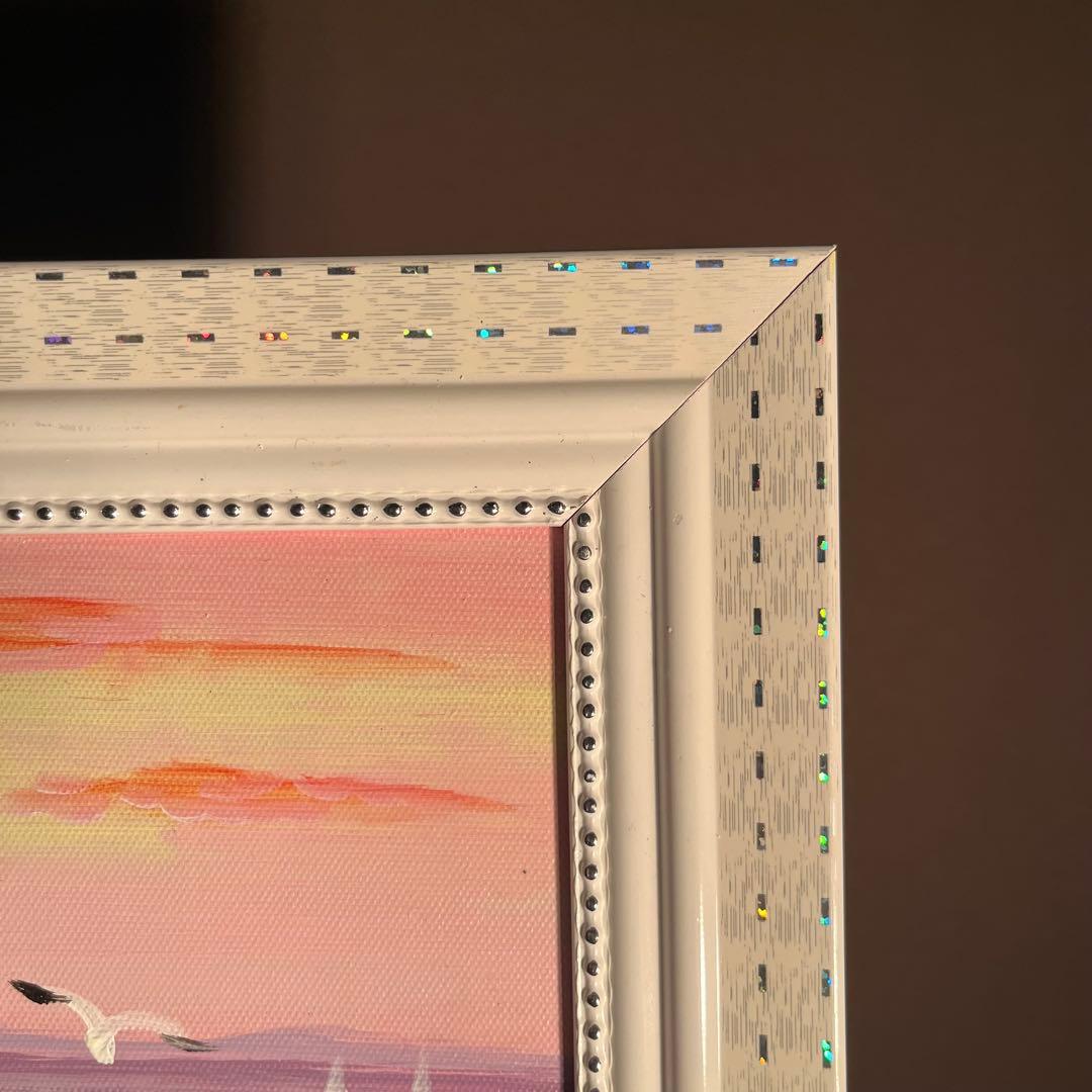 手書き油絵 湖と渡り鳥 額付 絵画 インテリア 油彩画