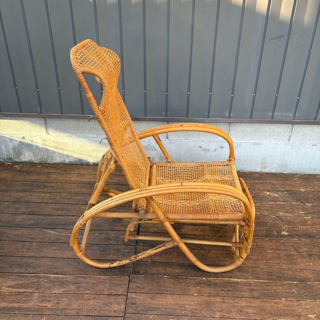 ①昭和レトロ ラタンリクライニングチェア オットマン付き 籐家具 1人掛けソファ