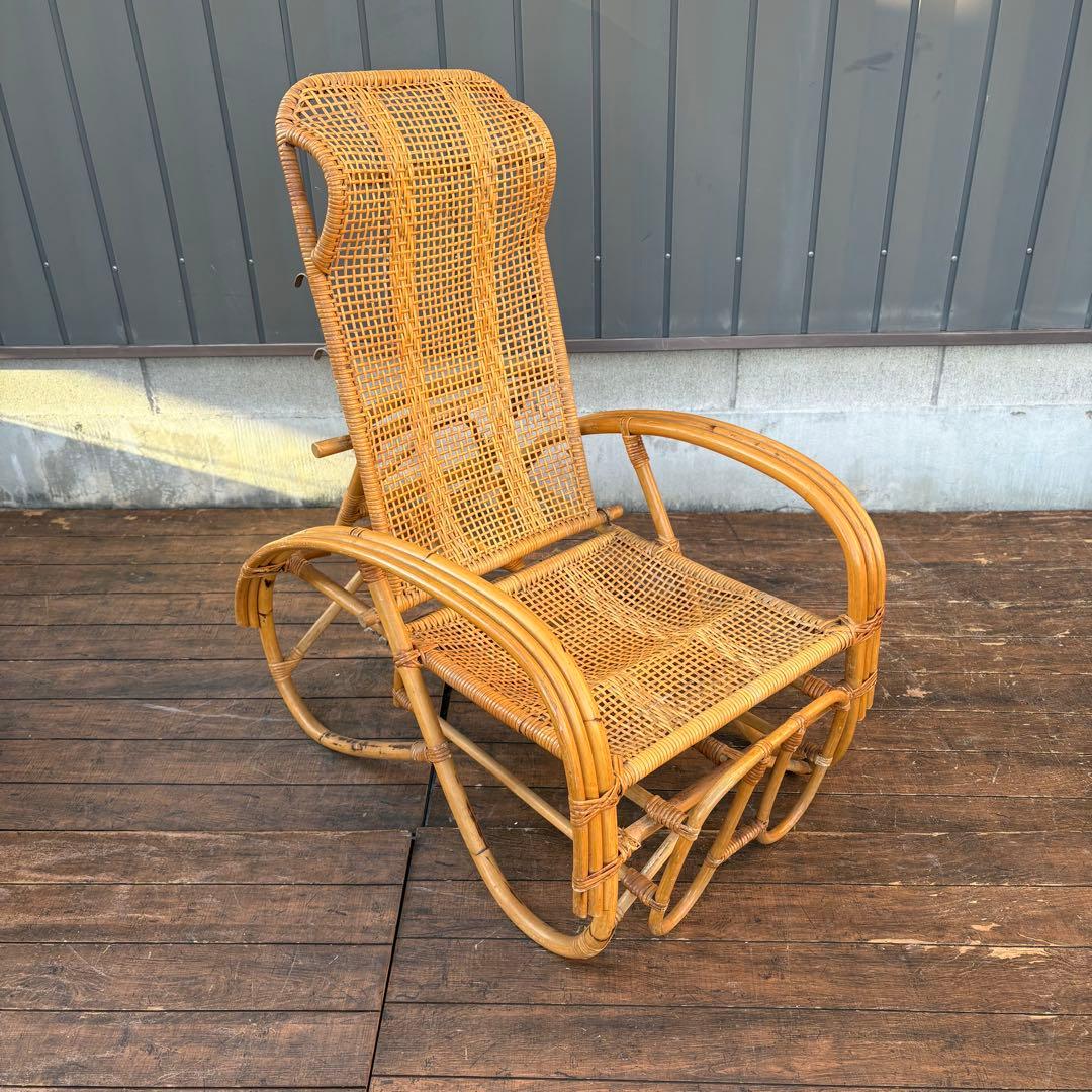①昭和レトロ ラタンリクライニングチェア オットマン付き 籐家具 1人掛けソファ