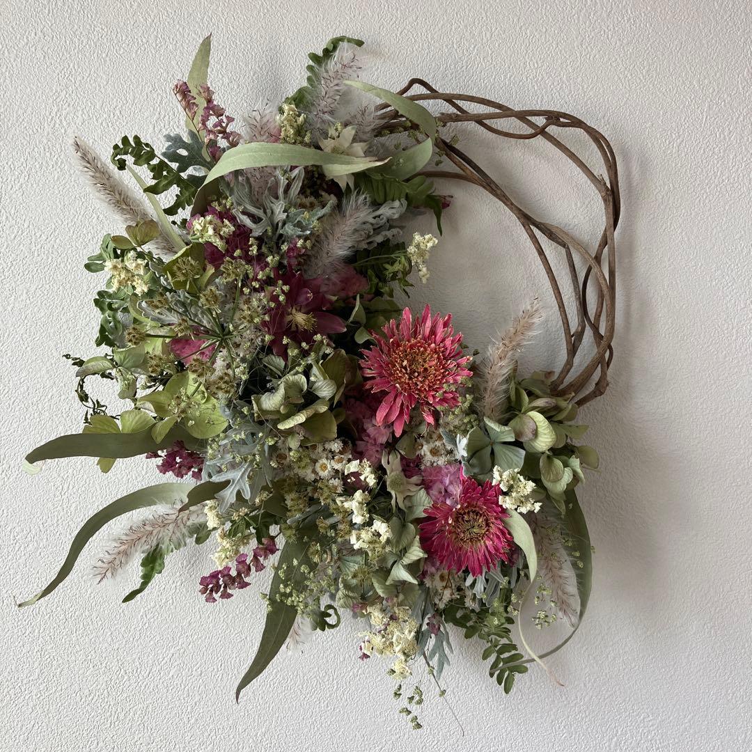 ガーベラと紫陽花のグリーン×ピンクハーフリース　ドライフラワー　ユーカリ