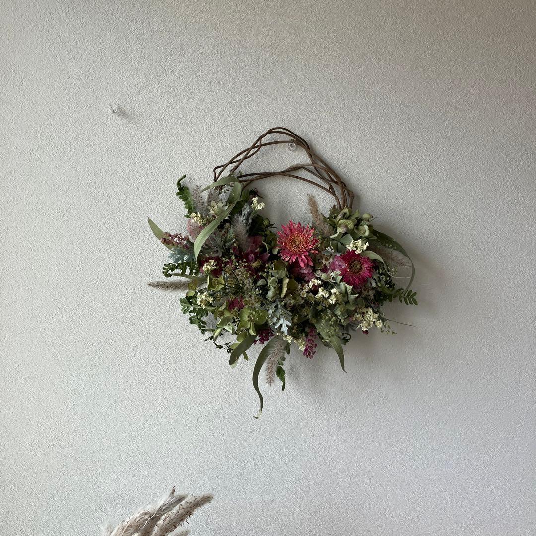 ガーベラと紫陽花のグリーン×ピンクハーフリース　ドライフラワー　ユーカリ