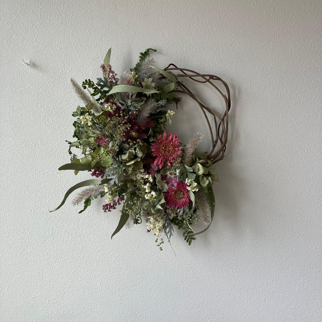 ガーベラと紫陽花のグリーン×ピンクハーフリース　ドライフラワー　ユーカリ