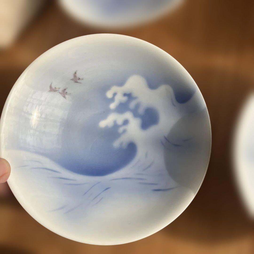 深川製磁　波千鳥高台皿5枚揃い　箱付き