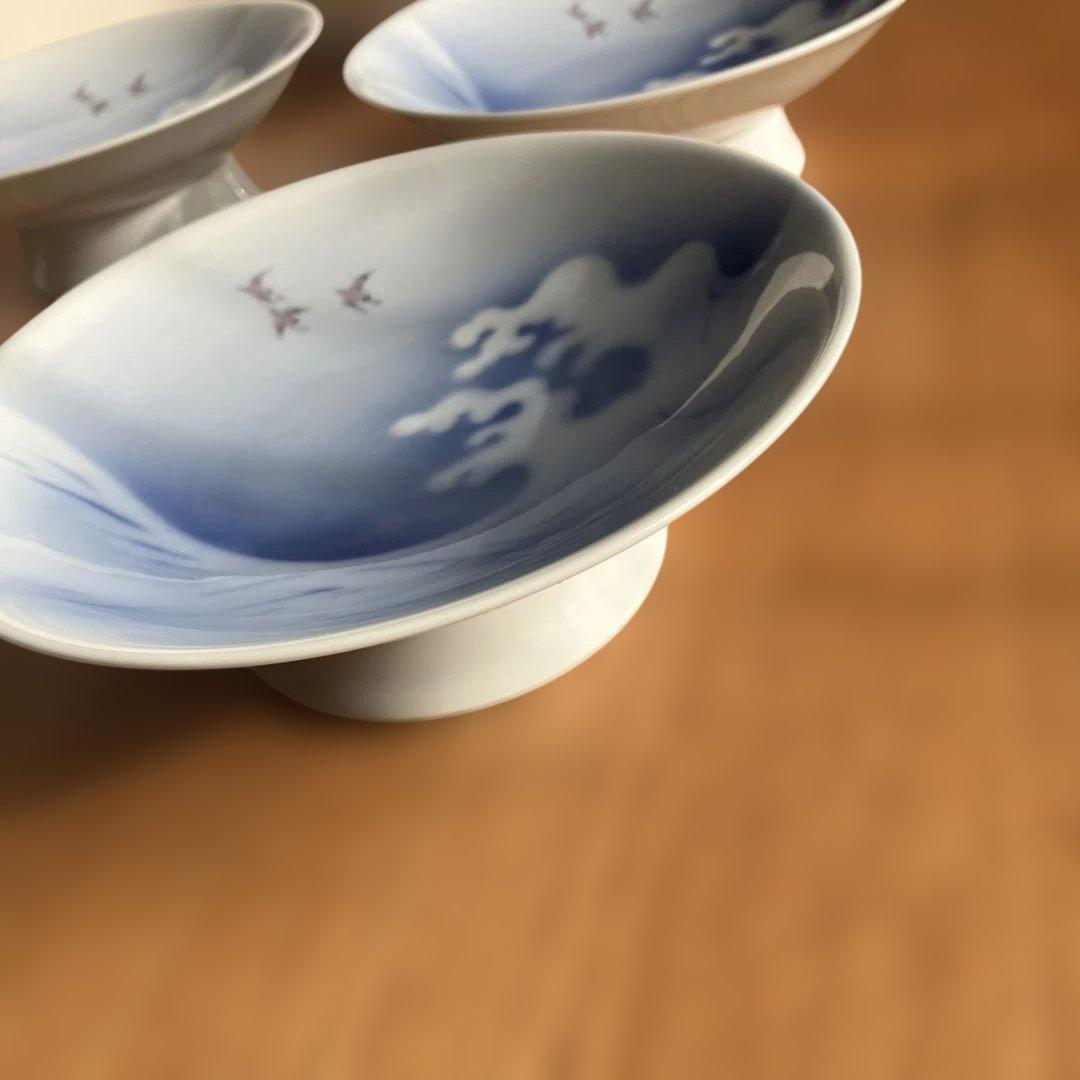 深川製磁　波千鳥高台皿5枚揃い　箱付き