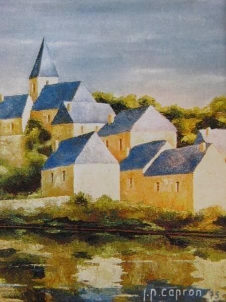 キャプロン、ブルーの屋根の家、希少画集画、版上サイン入 額付