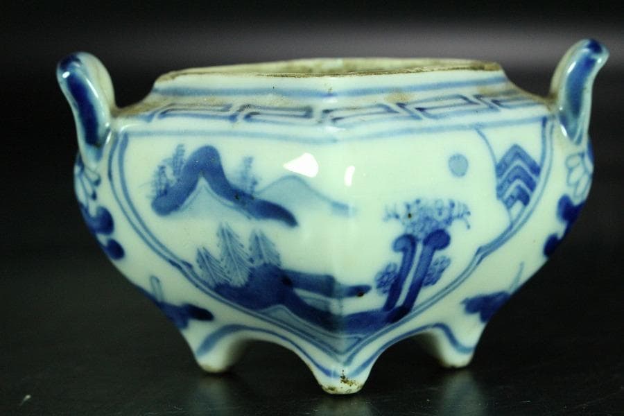 茶道具 青花 獅子蓋 香炉 道八 在銘 高8cm(K-XA787)