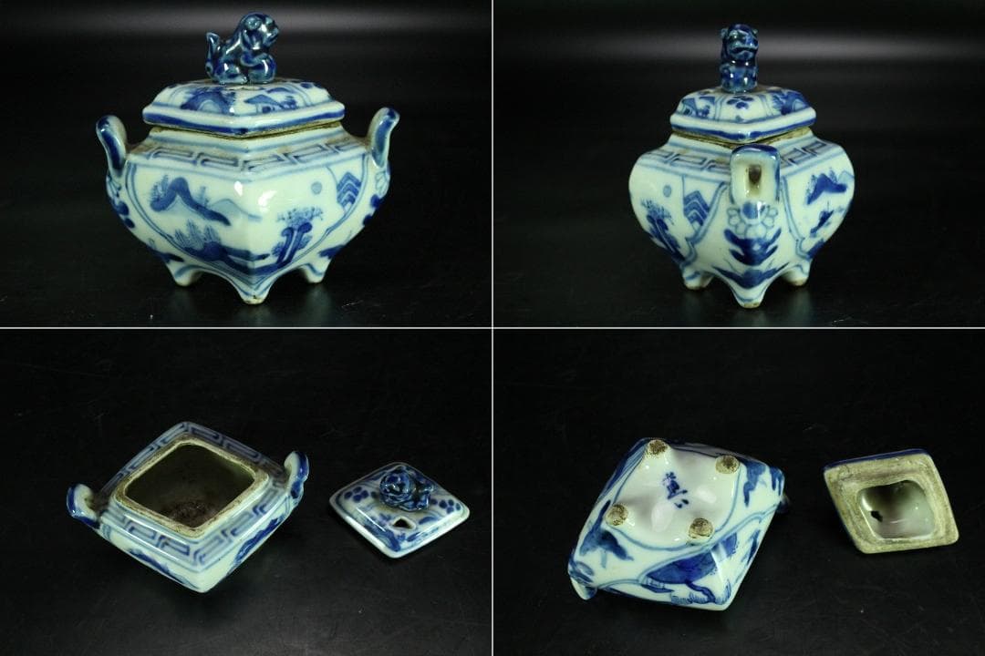 茶道具 青花 獅子蓋 香炉 道八 在銘 高8cm(K-XA787)