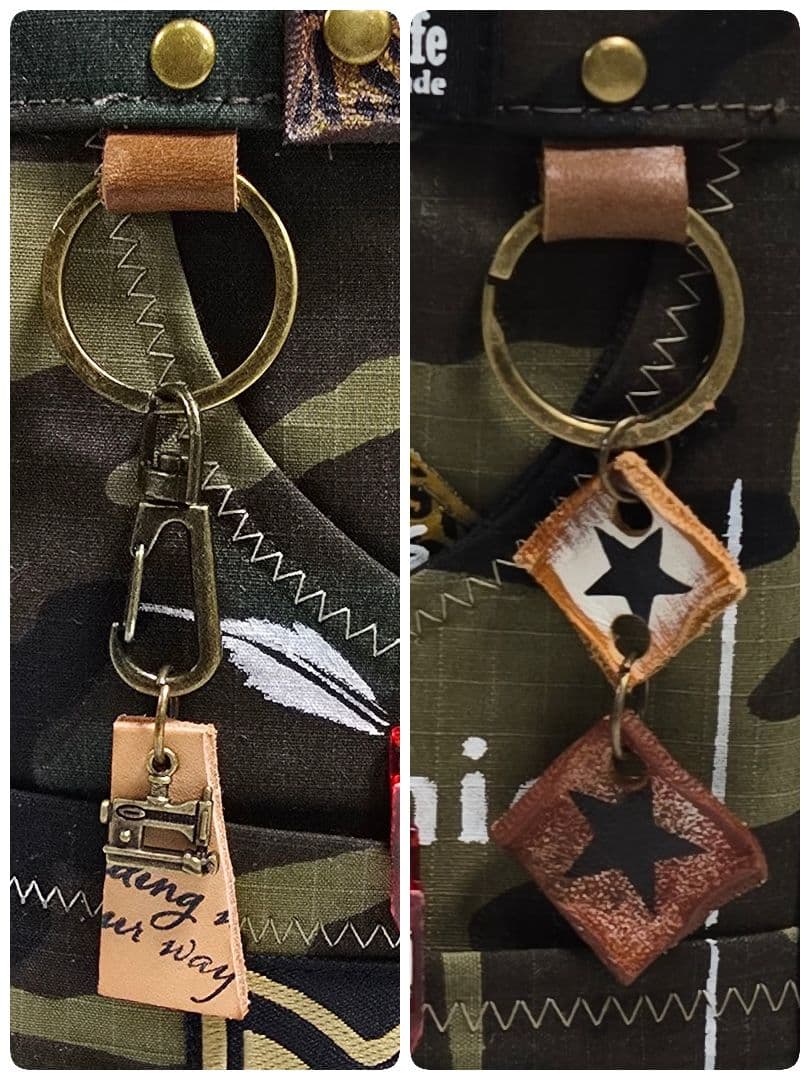 デニムリメイク トートバッグ 迷彩上部ファスナー 底板 ストラップ付き